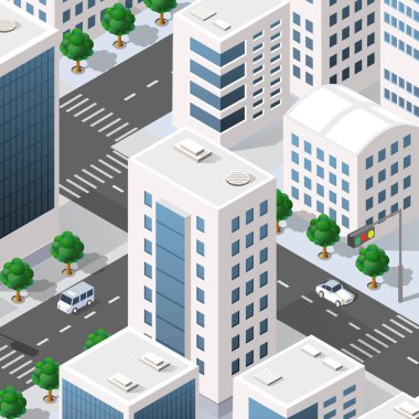 İzometrik çizimde megapolis şehir çeyrek sokakları, gökdelenler, ağaçlar ve evler. Kentsel peyzaj Üstten Görünüm
