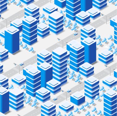 İzometrik çizimde megapolis şehir çeyrek sokakları, gökdelenler, ağaçlar ve evler. Kentsel peyzaj Üstten Görünüm