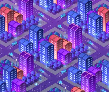 İzometrik çizimde megapolis şehir çeyrek sokakları, gökdelenler, ağaçlar ve evler. Kentsel peyzaj Üstten Görünüm