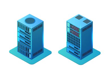 3d izometrik bilgisayar güç sunucusu ağ teknolojisi dijital, bilgi donanımı sunucu, veritabanı depolama. pc tasarım illüstrasyonu.