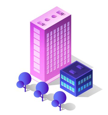 Geleceğin akıllı iş teknolojisi, dijital modern kavram arka plan, cityscape kentsel bir ev inşa sokak tasarım 3d fütüristik izometrik şehir.