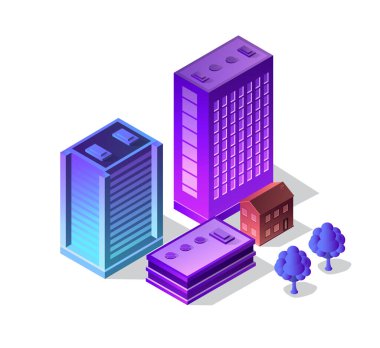 Menekşe akıllı şehir bir kentsel ev cityscape üzerinde inşa 3d fütüristik izometrik sokak neon tasarım ayarla