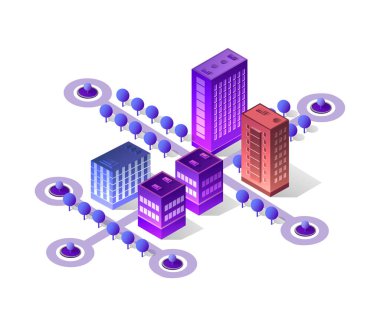 Menekşe akıllı şehir bir kentsel ev cityscape üzerinde inşa 3d fütüristik izometrik sokak neon tasarım ayarla