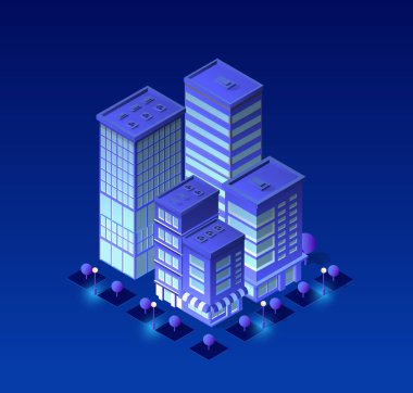 Menekşe renk 3d bina modern kent sokak, kentsel yol Mimarlık izometrik şehri. İsometry iş tasarım konsepti için ultraviyole illüstrasyon Haritası.