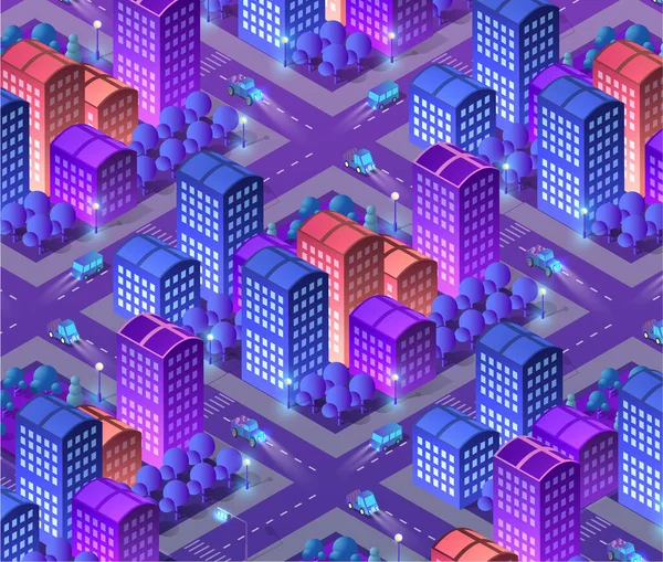 İzometrik çizimde megapolis şehir çeyrek sokakları, gökdelenler, ağaçlar ve evler. Kentsel peyzaj Üstten Görünüm