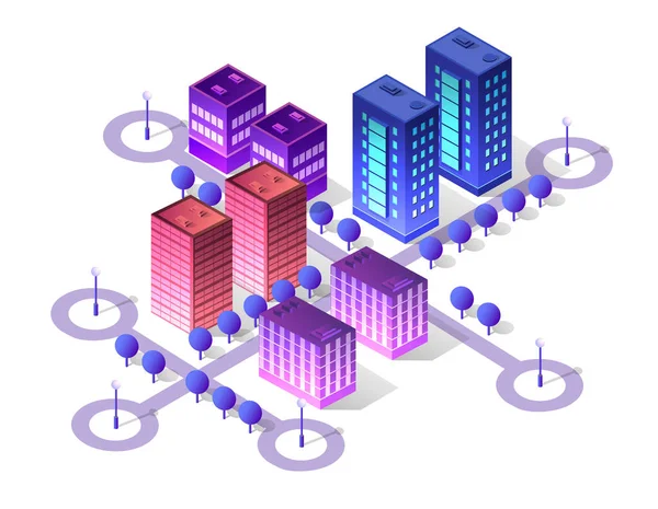 Geleceğin akıllı iş teknolojisi, dijital modern kavram arka plan, cityscape kentsel bir ev inşa sokak tasarım 3d fütüristik izometrik şehir.