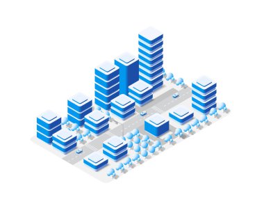 Şehir haritası beyaz tasarım sokak kasabası binaları modern şehir evleri ve gökdelenler. Konsept iş arkaplanı için düz stilin izometrik illüstrasyonu.