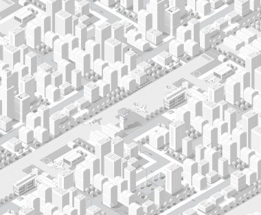 Şehir haritası beyaz tasarım sokak kasabası binaları modern şehir evleri ve gökdelenler. Konsept iş arkaplanı için düz stilin izometrik illüstrasyonu.