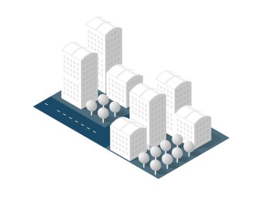 Şehir haritası beyaz tasarım sokak kasabası binaları modern şehir evleri ve gökdelenler. Konsept iş arkaplanı için düz stilin izometrik illüstrasyonu.
