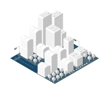 Şehir haritası beyaz tasarım sokak kasabası binaları modern şehir evleri ve gökdelenler. Konsept iş arkaplanı için düz stilin izometrik illüstrasyonu.