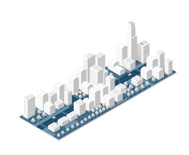 Şehir haritası beyaz tasarım sokak kasabası binaları modern şehir evleri ve gökdelenler. Konsept iş arkaplanı için düz stilin izometrik illüstrasyonu.