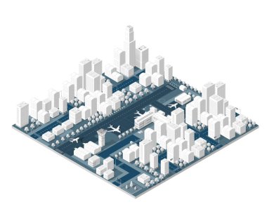 Şehir haritası beyaz tasarım sokak kasabası binaları modern şehir evleri ve gökdelenler. Konsept iş arkaplanı için düz stilin izometrik illüstrasyonu.