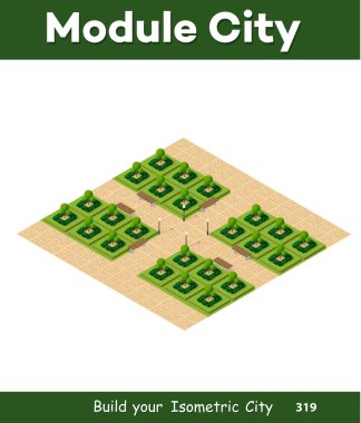 Isometric 3d park ile yeşil bir ağaç ile yaz doğa orman manzarası, izole nesnelerin açık düz şehir caddesi. Tasarım ve konsept sahnesi için doğal elementler.