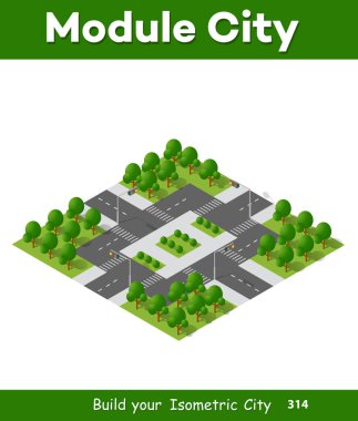 Ormandaki izometrik yol doğada şehir parkı haritası caddesinin yeşil elementinden oluşuyor. seyahat tasarımı için açık hava yaz illüstrasyonu.