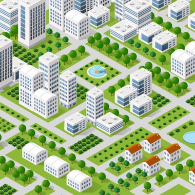 Sokak, gökdelen, şehir ve ev ile modern şehrin izometrik kentsel mimari binası. İş illüstrasyonu ve inşaat haritası şekli arka planı için