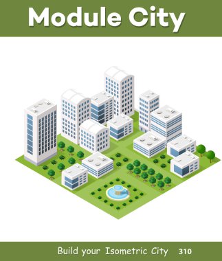 Sokak, gökdelen, şehir ve ev ile modern şehrin izometrik kentsel mimari binası. İş illüstrasyonu ve inşaat haritası şekli arka planı için