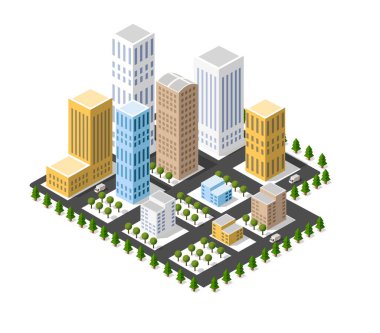 Sokak, gökdelen, şehir ve ev ile modern şehrin izometrik kentsel mimari binası. İş illüstrasyonu ve inşaat haritası şekli arka planı için