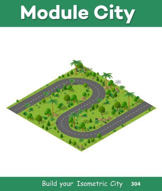 Isometric doğal orman manzarası, bir yol çizimi, ağaçlı 3D manzara tasarımı. Şehir caddesinin ve şehrin altyapısının yeşil unsuru..