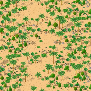 Palmiye ağaçlarının kendine özgü doğal manzarası, kum, taş ve çalıların olduğu bir çöl tasviri. Arkaplan için kavramsal 3d grafikleri.