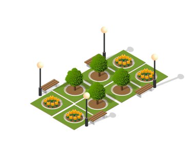 Doğal park kentsel peyzaj izometrik üç boyutlu görünüm şehir altyapısı yeşil, ağaç ve ekoloji santrali