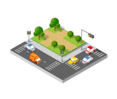 İzometrik 3d ağaç parkı doğa öğeleri peyzaj tasarımı için orman. Vektör illüstrasyon izole. Şehir haritaları, oyunlar ve şehir için simgeler