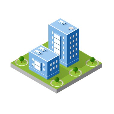 Renkli 3d izometrik şehir gökdelenler nesne tasarım, tanıtım, Emlak ajansı için ayarla
