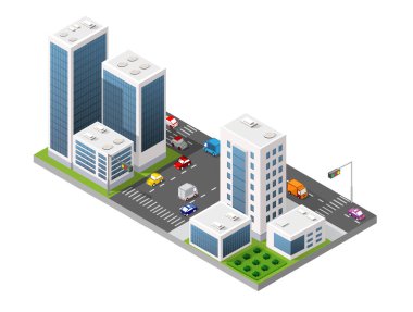 Şehir altyapı taşıma, sokaklar, evler ve ağaçlar ile izometrik kent içi