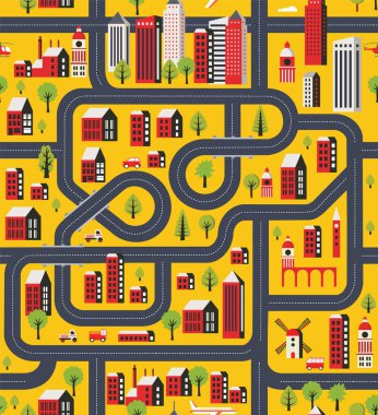 Yollar, sokaklar, evler düz stil ile kentsel tarzda tekrarlanan çizgi film desenleri