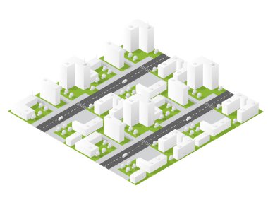 Beyaz arka planda modern binalar, yeşil alanlar ve sokak ağıyla Isometric şehir planı