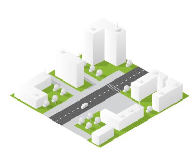 Beyaz arka planda modern binalar, yeşil alanlar ve sokak ağıyla Isometric şehir planı
