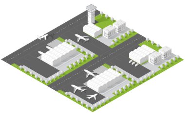Uçakları, terminal binalarını, pistleri ve seyahat ve ulaşımı temsil eden bir kontrol kulesini gösteren Isome havaalanı.