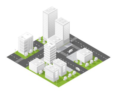 Beyaz arka planda modern binalar, yeşil alanlar ve sokak ağıyla Isometric şehir planı