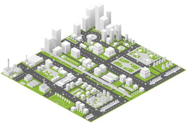 Modern bir metropol için binalar, yollar, parklar ve sanayi bölgeleri de dahil olmak üzere şehir planlama unsurlarını gösteren Isometric şehir haritası