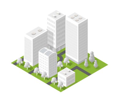 Beyaz arka planda modern binalar, yeşil alanlar ve sokak ağıyla Isometric şehir planı