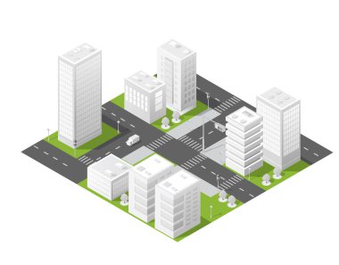 Beyaz arka planda modern binalar, yeşil alanlar ve sokak ağıyla Isometric şehir planı