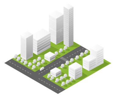 Beyaz arka planda modern binalar, yeşil alanlar ve sokak ağıyla Isometric şehir planı