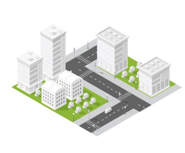 Beyaz arka planda modern binalar, yeşil alanlar ve sokak ağıyla Isometric şehir planı