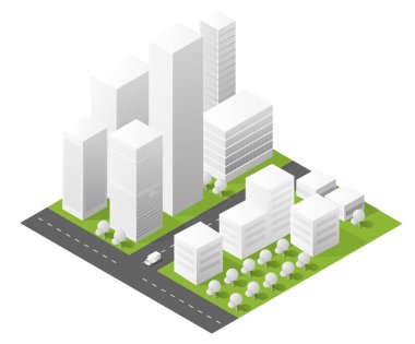 Beyaz arka planda modern binalar, yeşil alanlar ve sokak ağıyla Isometric şehir planı
