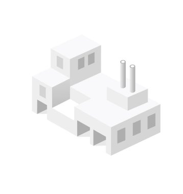 Sanayi üretimi ve teknolojik üretimi tasvir eden bacalı bir fabrika binasının minimalist izometrik çizimi