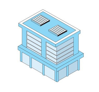 Isometric yapı vektörü modern bir şehir silüeti oluşturuyor. İş, mimari ve kentsel gelişim kavramları için tasarım