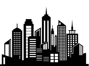 Beyaz arka planda kentsel mimariyi ve şehir manzaralarını temsil eden çeşitli çağdaş ve geleneksel yapı siluetleri koleksiyonu