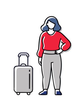 Çeşitli karakterler bavullar, sırt çantaları ve bavullarla seyahat eden insanları temsil ederek turizm kavramlarını resmediyor.