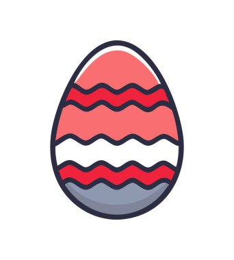 Süslü paskalya yumurtası kırmızı, beyaz ve mavi dalgalı desenleri sunar, bahar ve tatil kutlamalarını sembolize eder.