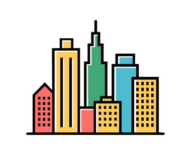 Şehir manzarası renkli gökdelenleri ve siyah çizgili modern mimariyi gösteriyor. Metropol ve şehir yaşamı için tasarım kavramı