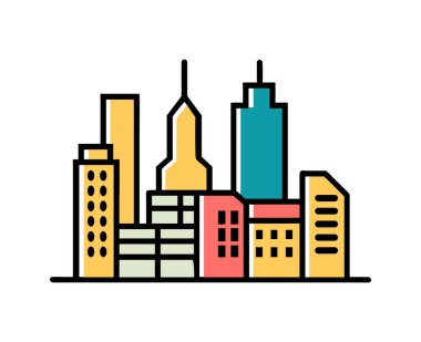 Şehir manzarası renkli gökdelenleri ve siyah çizgili modern mimariyi gösteriyor. Metropol ve şehir yaşamı için tasarım kavramı