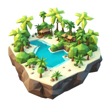 Basit, düşük çokgen ağaçlı bir nehri olan tropikal bir adanın 3D izometrik düşük polimerli tasviri.