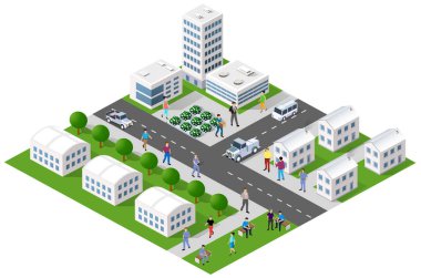 Şehirdeki evler, arabalar, insanlar, ağaçlar ve parklarla ilgili şehir temalı bir hayat sahnesi. Tasarım, oyunlar ve web için izometrik 3d çizimlerini kavra