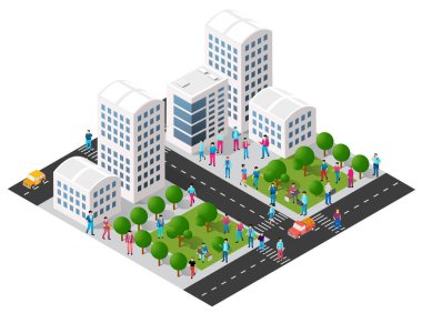 Şehirdeki evler, arabalar, insanlar, ağaçlar ve parklarla ilgili şehir temalı bir hayat sahnesi. Tasarım, oyunlar ve web için izometrik 3d çizimlerini kavra