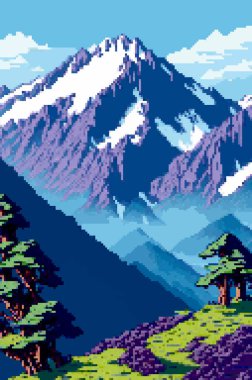 Peyzaj 8bit piksel sanatı. Yaz doğal manzara dağ manzarası oyun arkaplanı