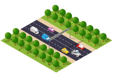 Ağaçlı şehir yolunu taşıyın. Bir 3D illüstrasyonun yukarıdan görünüşü